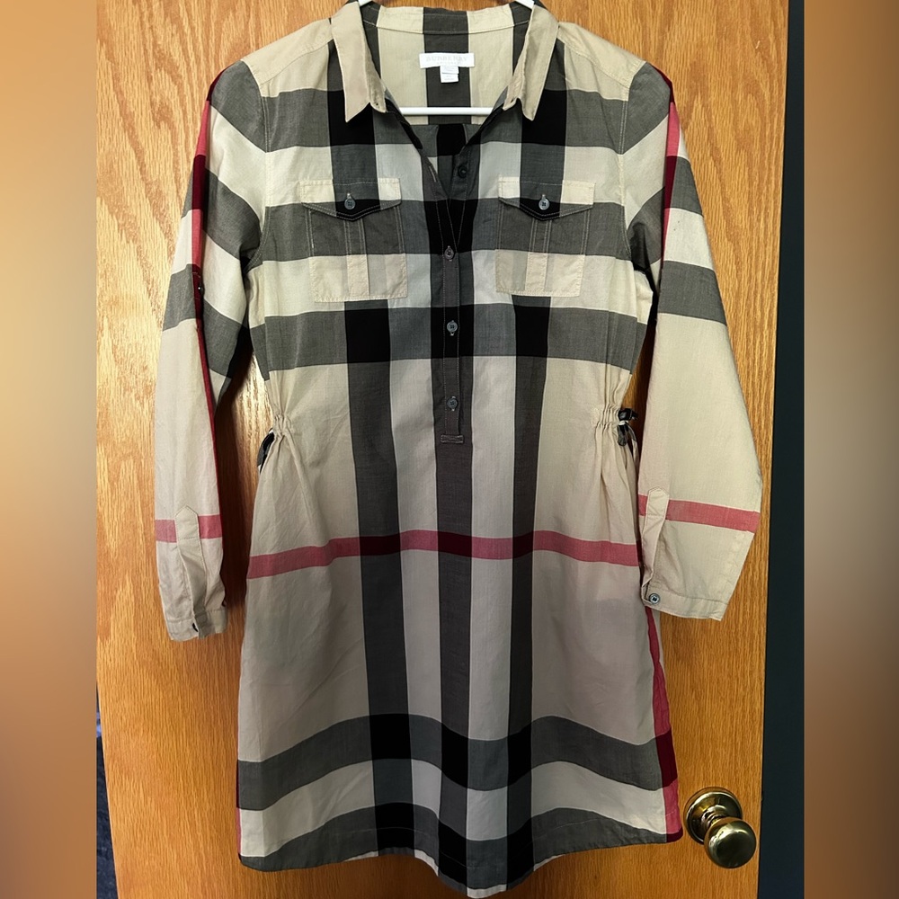 Authentic Burberry Beige Nova Check Long Sleeve Button Down Dress